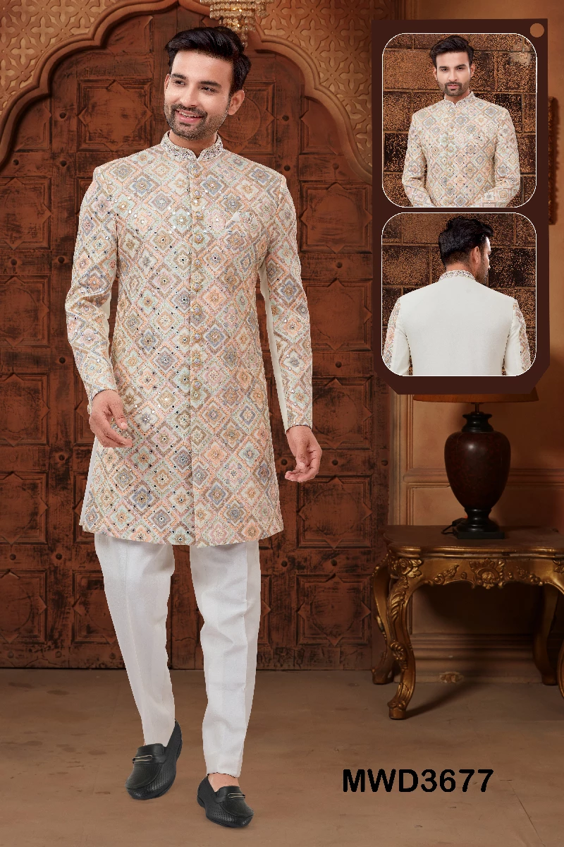 Cream Embroidered Readymade Sherwani In Art Silk, 36-1.webp